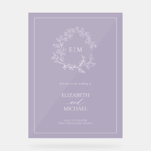 Lavendel Leafy Crest Monogram Welkomstbruiloft Acryl Bord (Voorkant)