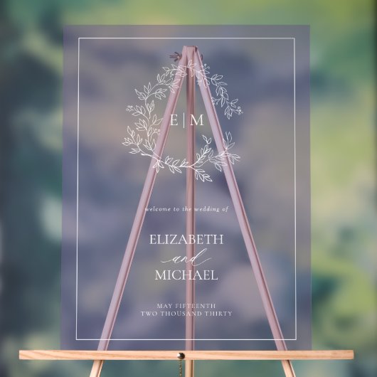 Lavendel Leafy Crest Monogram Welkomstbruiloft Acryl Bord (Neutraal)