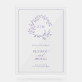 Lavendel Leafy Crest Monogram Welkomstbruiloft Acryl Bord (Voorkant)