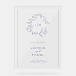 Lavendel Leafy Crest Monogram Welkomstbruiloft Acryl Bord