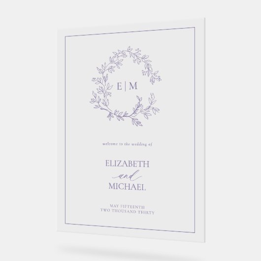 Lavendel Leafy Crest Monogram Welkomstbruiloft Acryl Bord (Hoek)