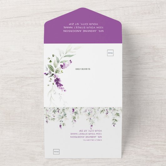 Lavendel lente & groen bruiloft all in one uitnodiging (Buitenkant)