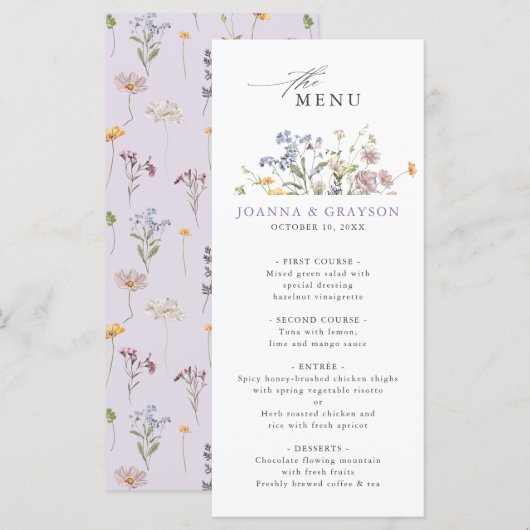 Lavendel Lente Wilde Bloemenweide Tuin Bruiloft Menu (Voorkant / Achterkant)