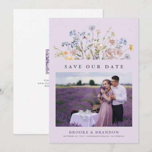 Lavendel Lente Wilde Bloemenweide Tuin QR Code Save The Date (Voorkant / Achterkant)
