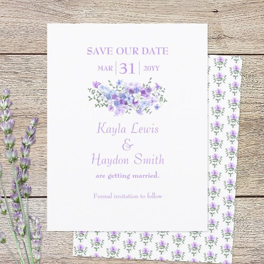 Lavendel, lichtblauw boeket bruiloft Save the Date Kaart