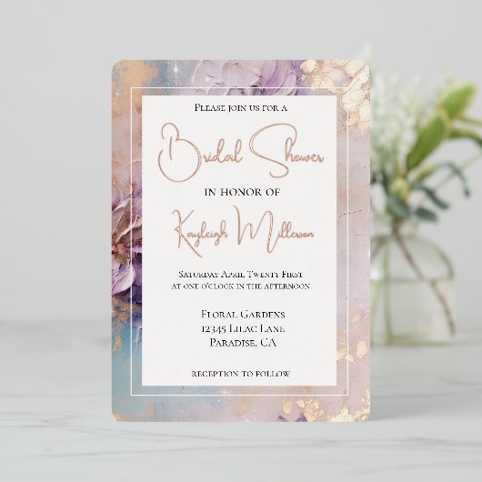 Lavendel Lila Gold Aqua Floral Vrijgezellenfeest Folie Uitnodiging (Staand Voorkant)