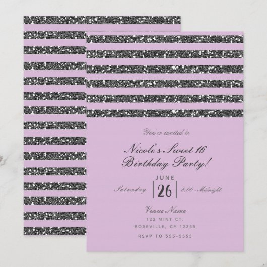 Lavendel Lila Paars Zilver Glitter Strepen Feest Kaart (Voorkant / Achterkant)
