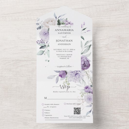 Lavendel Lila Paarse pioenen groen bruiloft All In One Uitnodiging (Binnen)