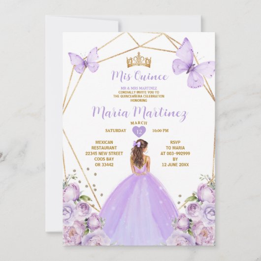 Lavendel Lila Prinses Vlinder Goud Quiñceanera Kaart (Voorkant)