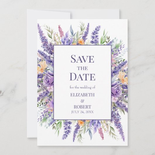 Lavendel Lila Waterverf Wildflower Bewaar de datum Kaart (Voorkant)