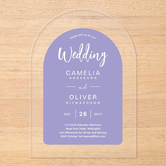 Lavendel Lila Zazzle Acryl bruiloft Uitnodigingen (Voorkant)