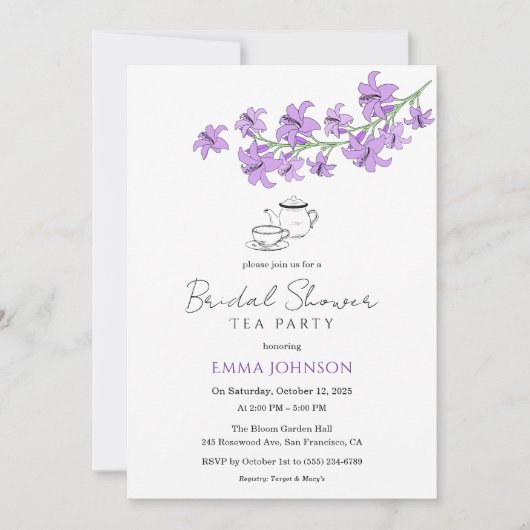 Lavendel Lily Bruids Tea Party Douche Uitnodiging (Voorkant)