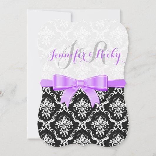 Lavendel lint zwart en wit damast bruiloft kaart (Achterkant)