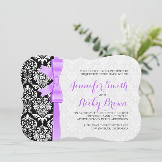 Lavendel lint zwart en wit damast bruiloft kaart (Staand voorkant)