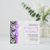 Lavendel lint zwart en wit damast bruiloft kaart (Staand voorkant)