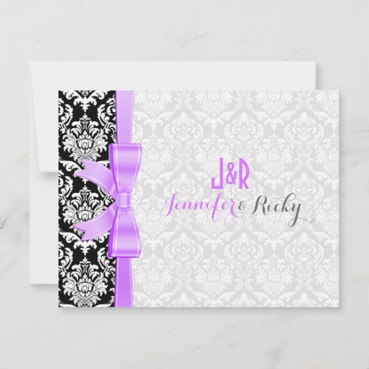 Lavendel lint zwart en wit damast bruiloft kaart (Achterkant)