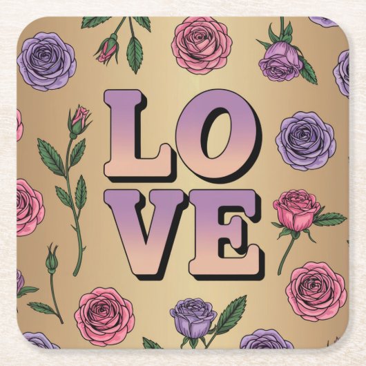 Lavendel LOVE Tekst Goud Onderzetter Set (Voorkant)