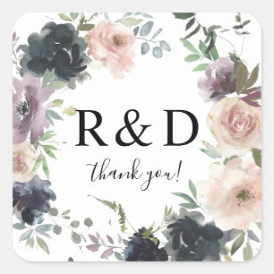 Lavendel, Marine, & Blush Roze Bloemen Monogram Vierkante Sticker