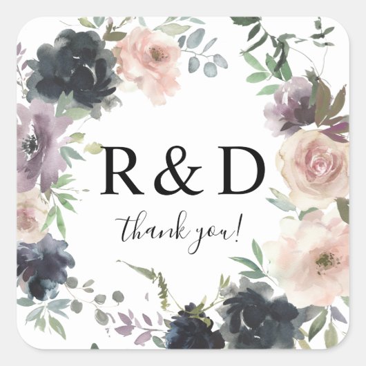 Lavendel, Marine, & Blush Roze Bloemen Monogram Vierkante Sticker (Voorkant)