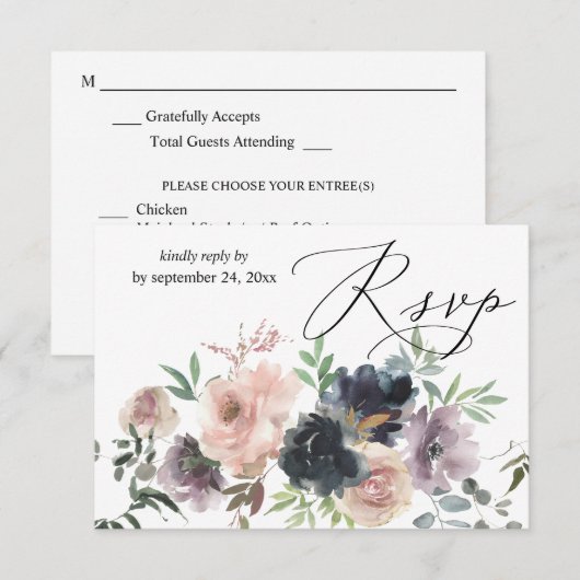 Lavendel, Marine, & Blush Roze Herfst Bloemen met  RSVP Kaartje (Voorkant / Achterkant)