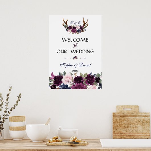 Lavendel Marineblauw Bloemige Bruiloft Welkom Poster (Keuken)
