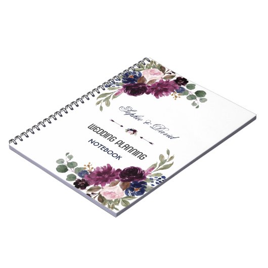 Lavendel Marineblauw Bloemige Bruiloftsplanner Notitieboek (Linkerzijde)