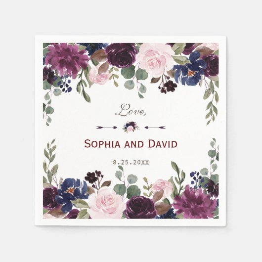 Lavendel Marineblauwe Bloemige Bruiloft Servet (Voorkant)