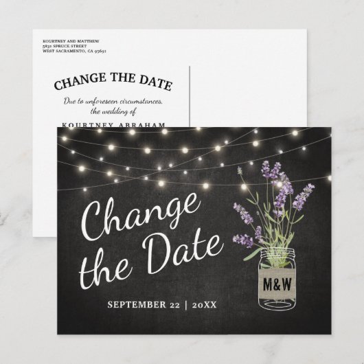 Lavendel Mason Jar Wedding Verander de datum Aankondigingskaart (Voorkant / Achterkant)