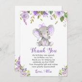 Lavendel Meisje 1e Verjaardag Olifant Paarse Bedankkaart (Voorkant / Achterkant)