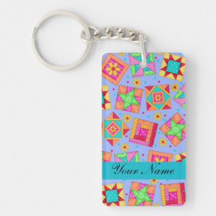 Lavendel met kleurrijke quiltblokken & gepersonali sleutelhanger