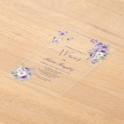 Lavendel met vlinders Quinceanera Spaans Acryl Uitnodigingen (Laagn)