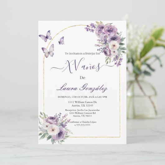 Lavendel met vlinders Quinceanera Spaans Kaart (Staand voorkant)