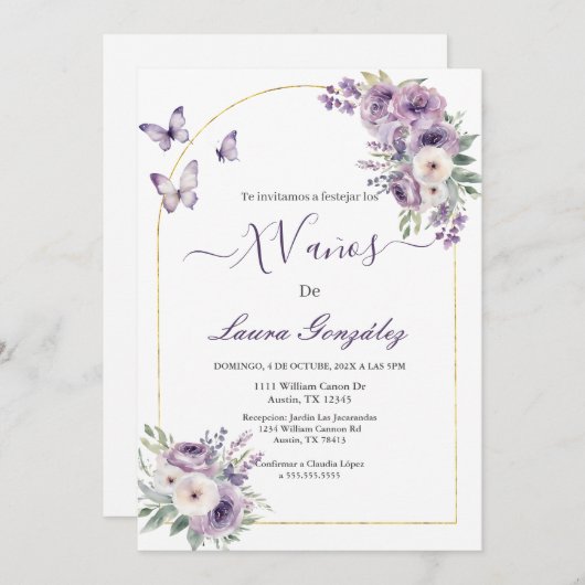 Lavendel met vlinders Quinceanera Spaans Kaart (Voorkant / Achterkant)
