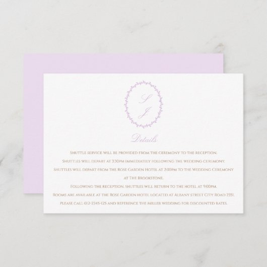 Lavendel minimalistisch monogram bruiloft informatiekaartje (Voorkant / Achterkant)