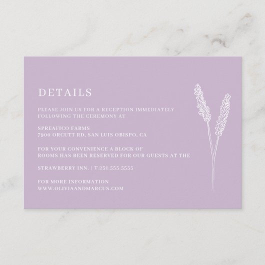 Lavendel minimalistische bruiloft details behuizin informatiekaartje (Voorkant)