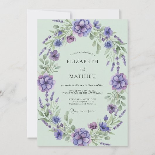 Lavendel Mint Bladrijke Bruiloft Kaart (Voorkant)