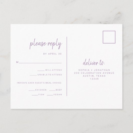 Lavendel Modern Script Bruiloft Maaltijd Keuze RSV Briefkaart (Achterkant)