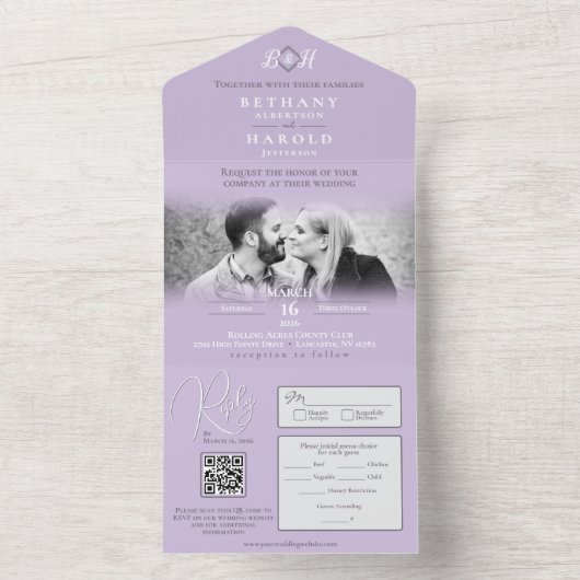 Lavendel Monogram Alles in één huwelijksuitnodigin All In One Uitnodiging (Binnen)