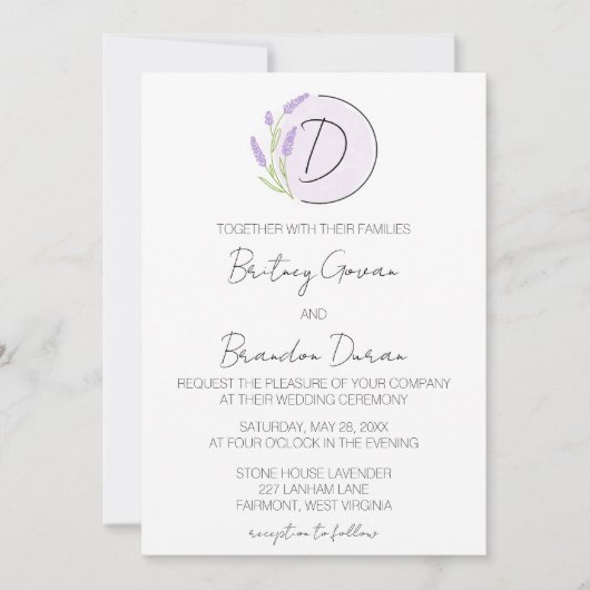 Lavendel Monogram Bruiloft Kaart (Voorkant)