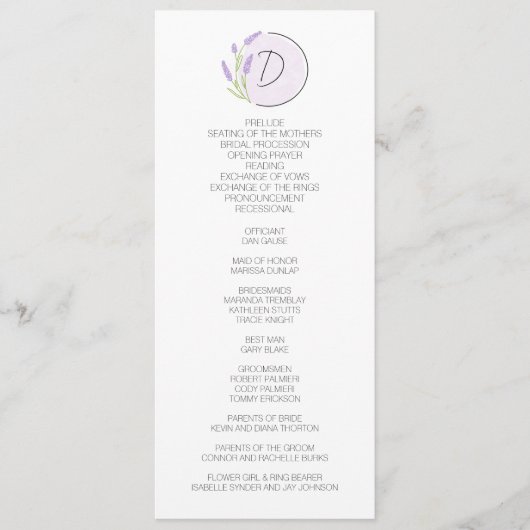 Lavendel Monogram Bruiloft Programmakaart (Voorkant)