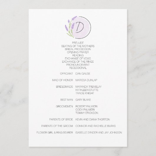 Lavendel Monogram Bruiloft Programmakaart (Voorkant)