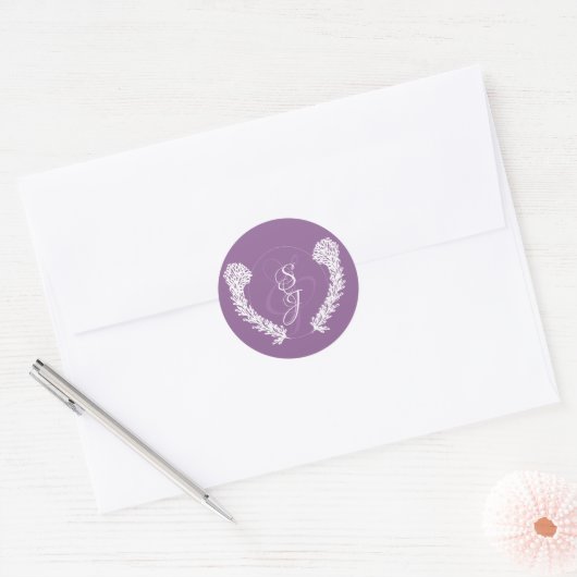 Lavendel Monogram Bruiloft Ronde Sticker (Envelop)
