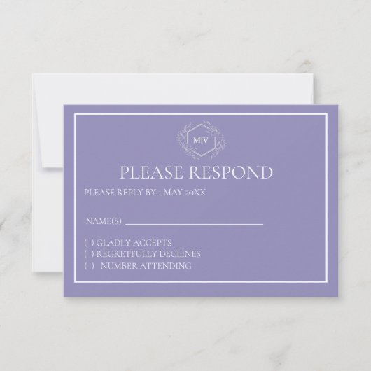 Lavendel Monogram Crest RSVP-kaart RSVP Kaartje (Voorkant)