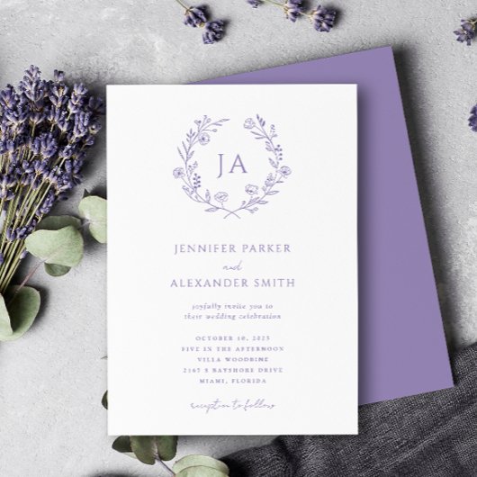 Lavendel Monogram Huwelijk Kaart