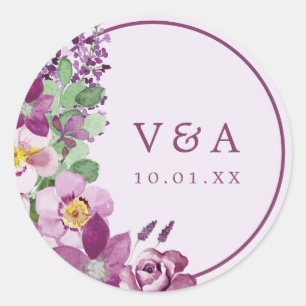 Lavendel Monogram Huwelijkssticker Ronde Sticker
