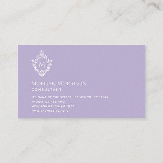 Lavendel Monogram in Crest Elegant Paarse Visitekaartje (Achterkant)