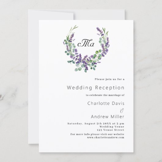 Lavendel monogram kuif violette bruiloft receptie kaart (Voorkant)