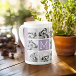 Lavendel Monogram met 8 Foto Collage Grid Porselein Kop<br><div class="desc">Moderne Paarse pasta Lila - Gebruik 11 vierkante foto's om een uniek en persoonlijk cadeau te creëer. Of je kunt de hipster puppy houden en een trendy keepslag maken. Als u de afbeeldingen moet aanpassen,  klik op het aanpassingshulpmiddel om veranderingen aan te brengen.</div>