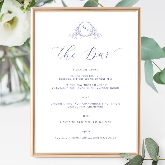 Lavendel Monogrammed Elegant Bar Trouwbord Poster