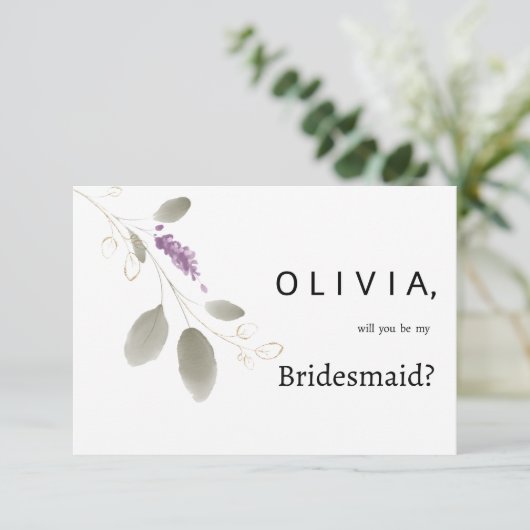 Lavendel munt gouden waterverf bloemenbruidsmeisje kaart (Staand voorkant)